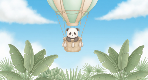 Papier peint panda en montgolfière Un panda joyeux s'envolant dans un décor tropical