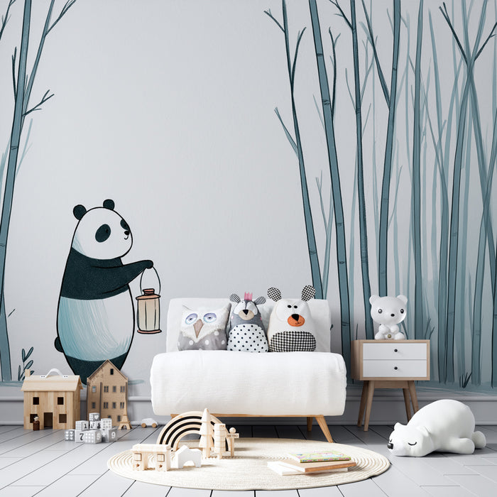 Une chambre d'enfant avec un papier peint illustrant un panda tenant une lanterne, entouré de silhouettes de bambous dans des teintes douces et apaisantes.