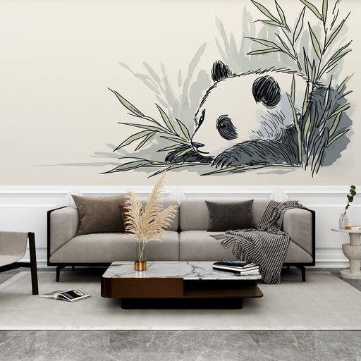 Un salon moderne avec un papier peint illustrant un panda paisible entouré de bambous, créant une ambiance douce et naturelle.