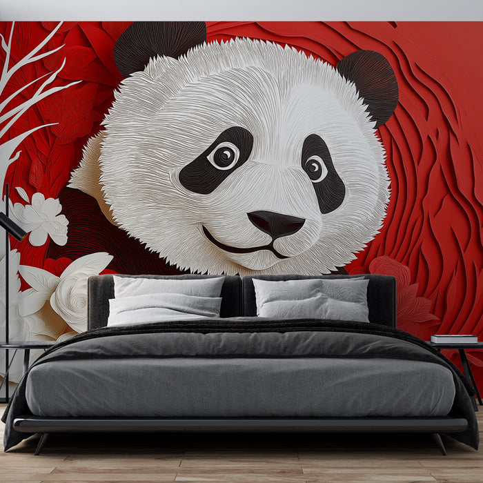 Papier peint panda amusant en relief avec des fleurs sur fond rouge pour chambre moderne