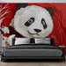 Papier peint panda amusant en relief avec des fleurs sur fond rouge pour chambre moderne