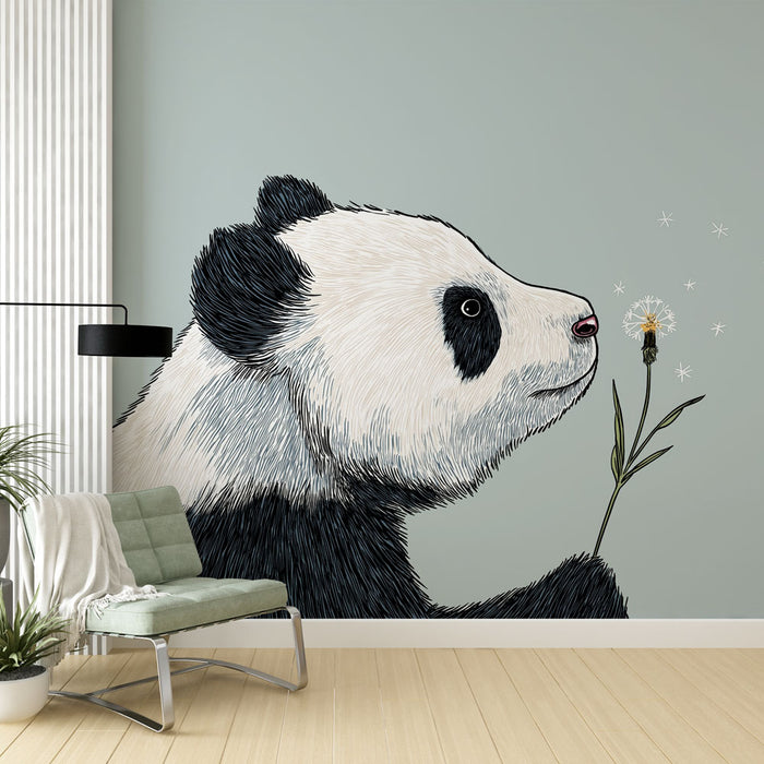 Une chambre moderne avec un papier peint illustrant un panda délicatement dessiné tenant une fleur, créant une ambiance douce et ludique.