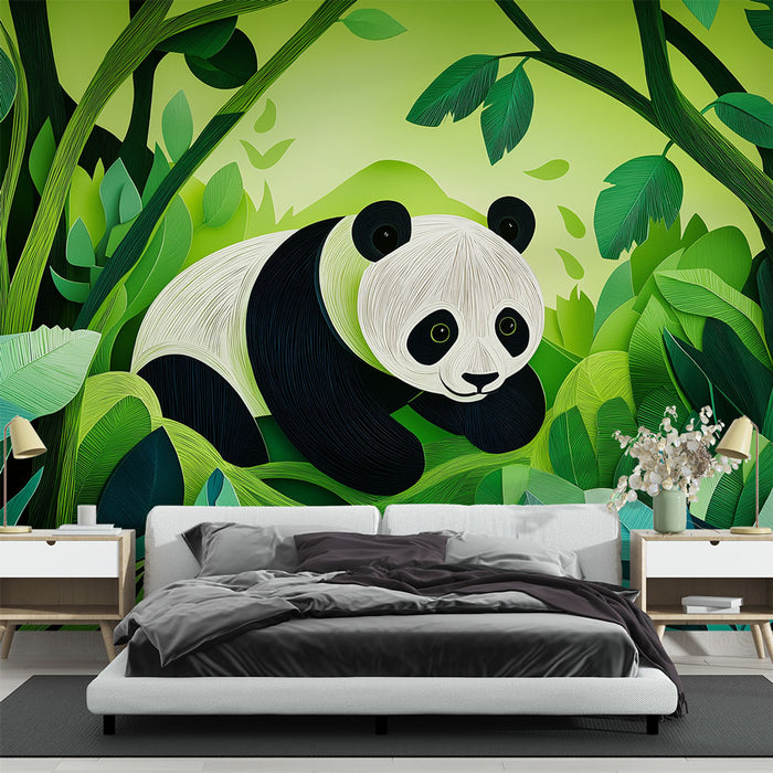 Papier peint panda | Panda espiègle au cœur d'une jungle luxuriante