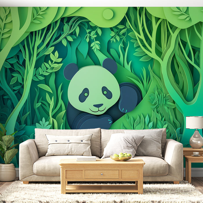 Papier peint panda | Panda mignon dans une forêt tropicale en papier découpé