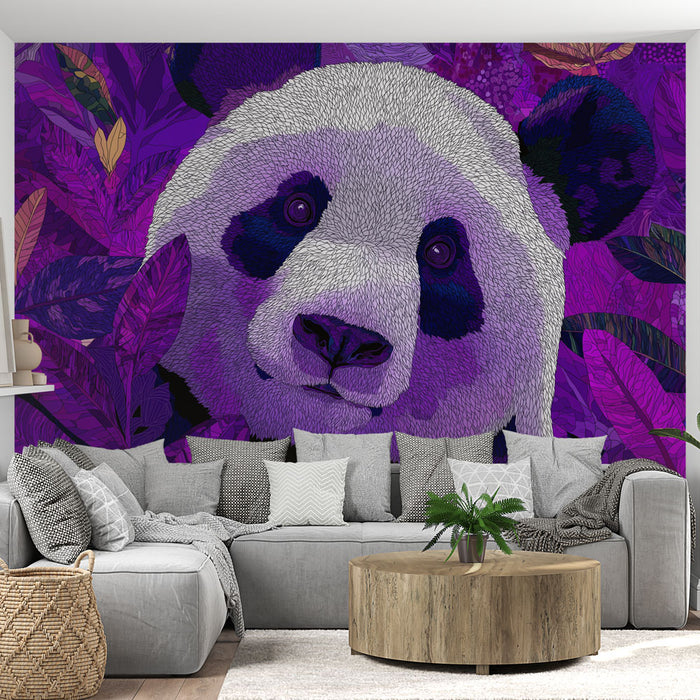 Un salon moderne avec un papier peint représentant un panda stylisé sur fond violet, créant une ambiance artistique et vivante.