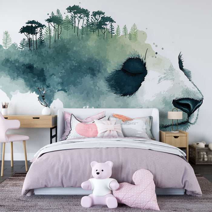Une chambre d'enfant avec un papier peint illustrant un panda stylisé entouré de feuillages aquarellés dans des teintes de vert et bleu, créant une ambiance douce et apaisante.