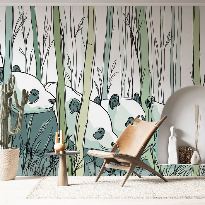 Une pièce moderne avec un papier peint illustrant des pandas dans une forêt de bambous, créant une ambiance naturelle et apaisante.