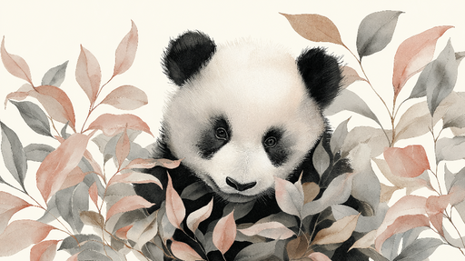 Papier peint panda Un adorable panda entouré de feuillages délicats
