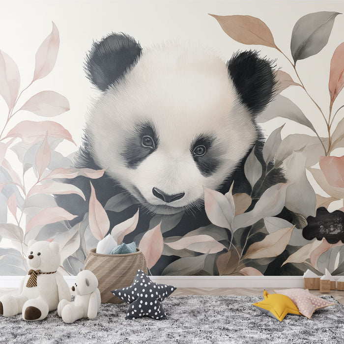 Une chambre d'enfant avec un papier peint illustrant un panda délicat entouré de feuilles pastel, créant une atmosphère douce et ludique.