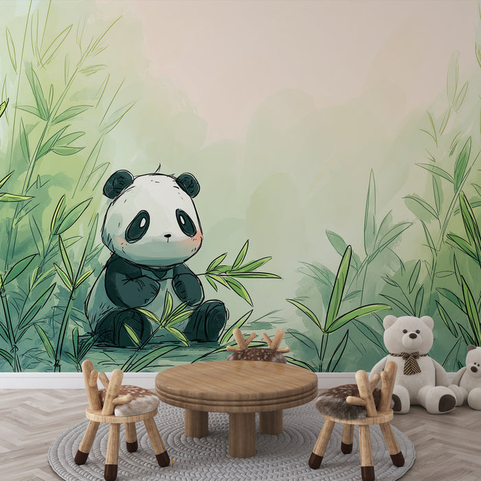 Une chambre d'enfant avec un papier peint illustrant un panda mignon entouré de bambous, créant une atmosphère douce et ludique.
