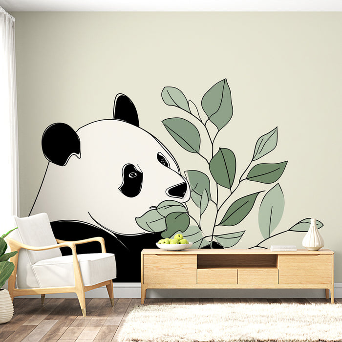 Une salle de séjour moderne avec un papier peint illustrant un panda stylisé entouré de feuilles vertes, créant une ambiance ludique et apaisante.