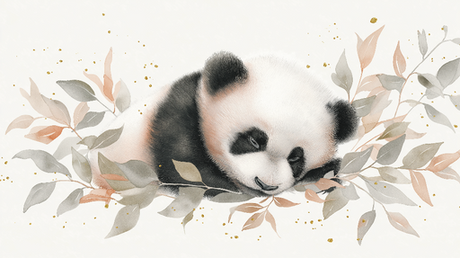 Papier peint panda Un panda endormi entouré de feuillage délicat et de touches dorées