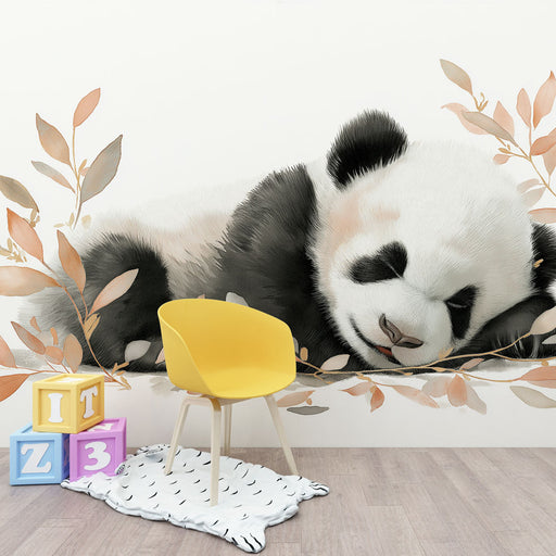 Une chambre d'enfant avec un papier peint illustrant un panda endormi entouré de feuilles délicates, créant une atmosphère douce et apaisante.