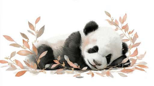 Papier peint panda Un panda endormi entouré de feuilles délicates