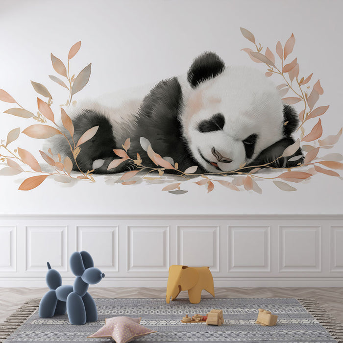 Une chambre d'enfant avec un papier peint illustrant un panda endormi entouré de feuilles délicates, créant une ambiance douce et apaisante.