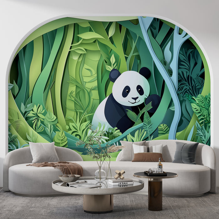 Papier peint panda | Un panda mignon au milieu d'une jungle verte tropicale