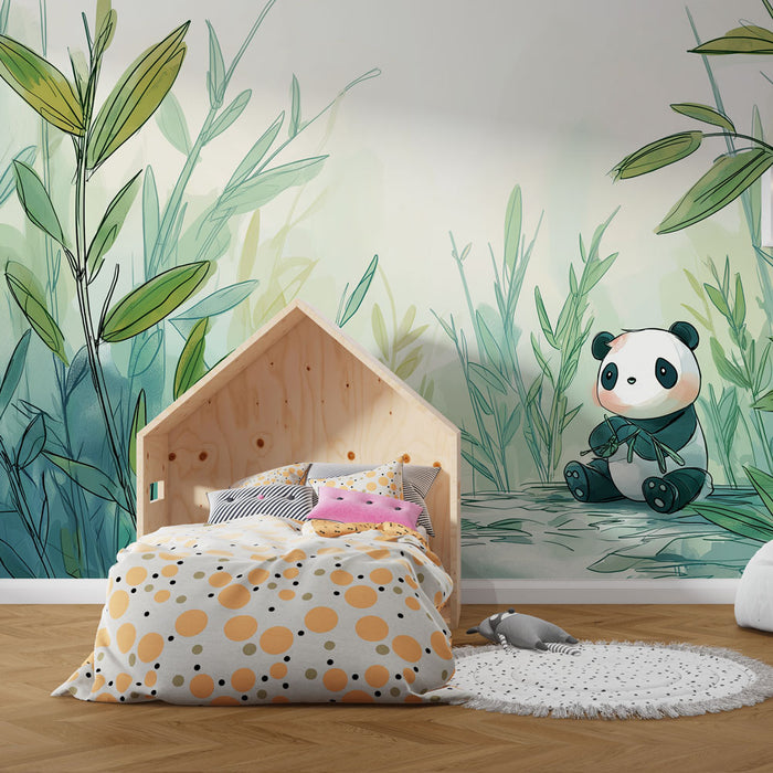 Une chambre enfantine avec un papier peint illustrant un panda mignon entouré de feuillages délicats, créant une atmosphère ludique et apaisante.
