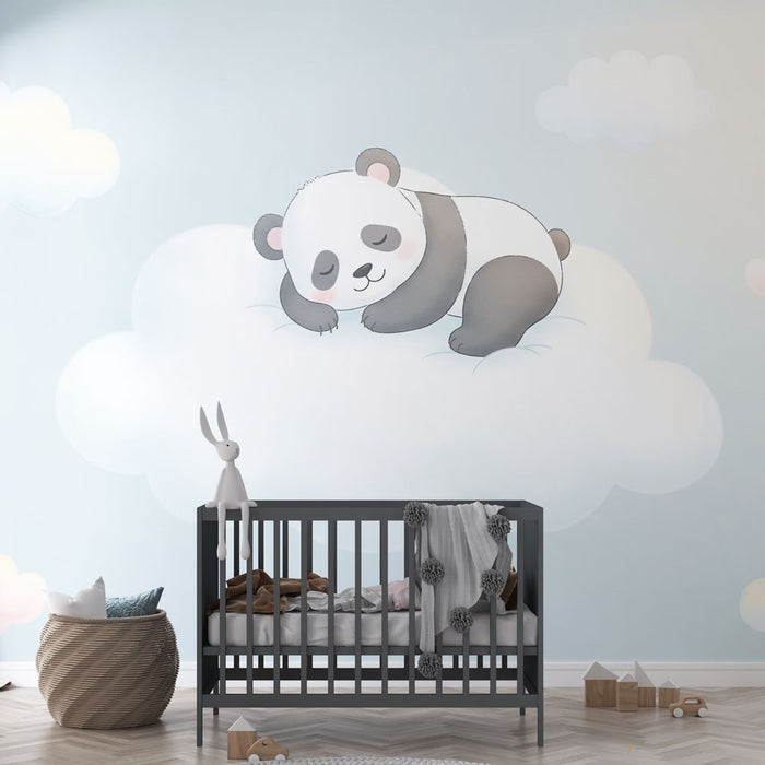 Une chambre d'enfant avec un papier peint illustrant un panda endormi sur un nuage, créant une atmosphère douce et rêveuse.