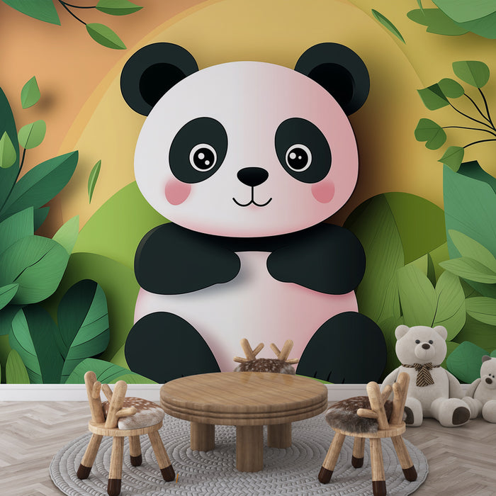 Papier peint panda | Un panda mignon entouré de feuillage luxuriant