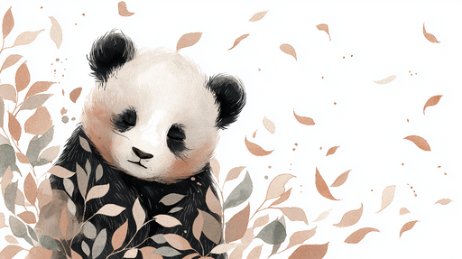 Papier peint panda Un panda souriant entouré de feuilles délicates