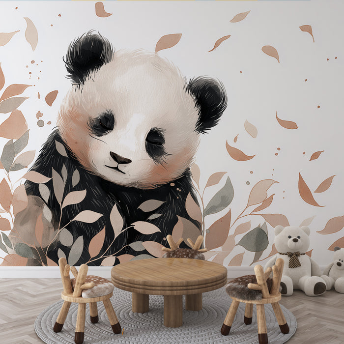 Une chambre d'enfant avec un papier peint illustrant un panda doux entouré de feuilles pastel, créant une ambiance chaleureuse et ludique.