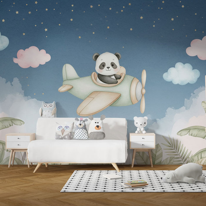 Une chambre d'enfant avec un papier peint ludique représentant un panda volant dans un avion sur fond bleu étoilé, créant une ambiance joyeuse et rêveuse.