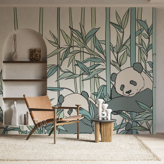 Une pièce moderne avec un papier peint illustrant des pandas dans un environnement de bambou, dégageant une atmosphère apaisante et naturelle.