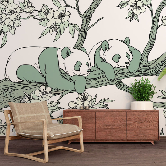 Une pièce moderne avec un papier peint illustrant des pandas endormis sur des branches, entourés de fleurs, créant une ambiance douce et apaisante.