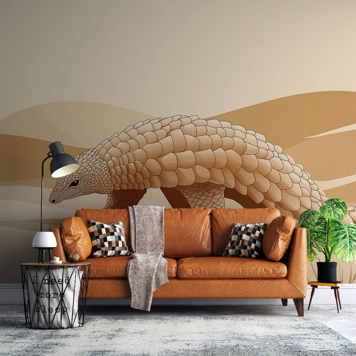 Un salon moderne avec un papier peint illustrant un pangolin stylisé aux teintes beiges et ocres, créant une ambiance chaleureuse et originale.