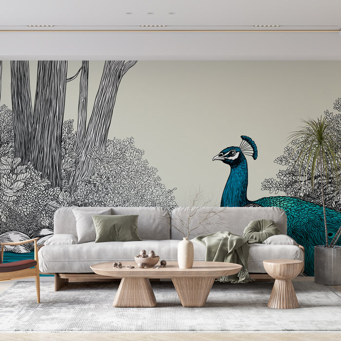 Un salon moderne avec un papier peint illustrant un paon stylisé et des motifs floraux en noir et turquoise sur fond clair, créant une ambiance artistique et vivante.