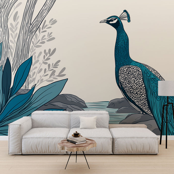 Une pièce moderne avec un papier peint illustrant un paon majestueux entouré de feuillages stylisés, créant une ambiance artistique et apaisante.
