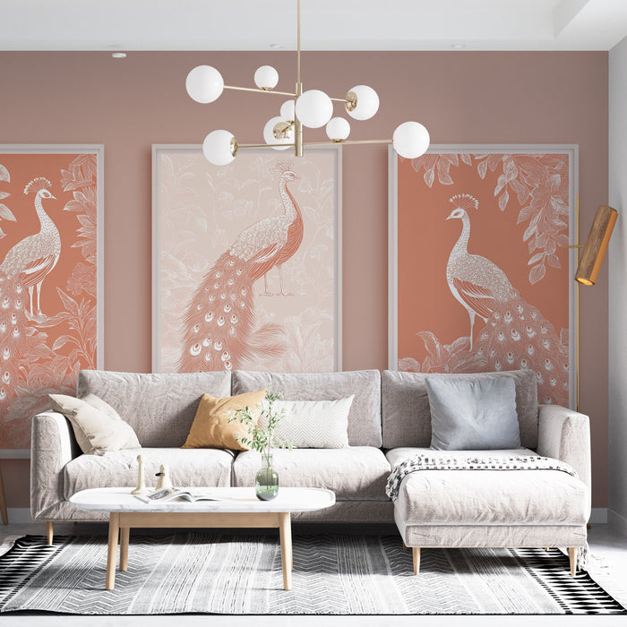 Un salon élégant avec un papier peint représentant des paons aux teintes douces et chaleureuses, créant une atmosphère artistique et raffinée.