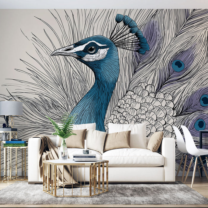 Un salon élégant avec un papier peint illustrant un paon stylisé aux teintes bleues et blanches, créant une ambiance artistique et raffinée.