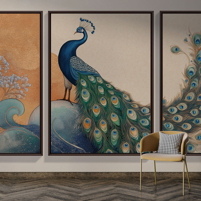 Une pièce élégante avec un papier peint illustrant un paon majestueux aux plumes colorées sur fond doré, créant une atmosphère artistique et raffinée.