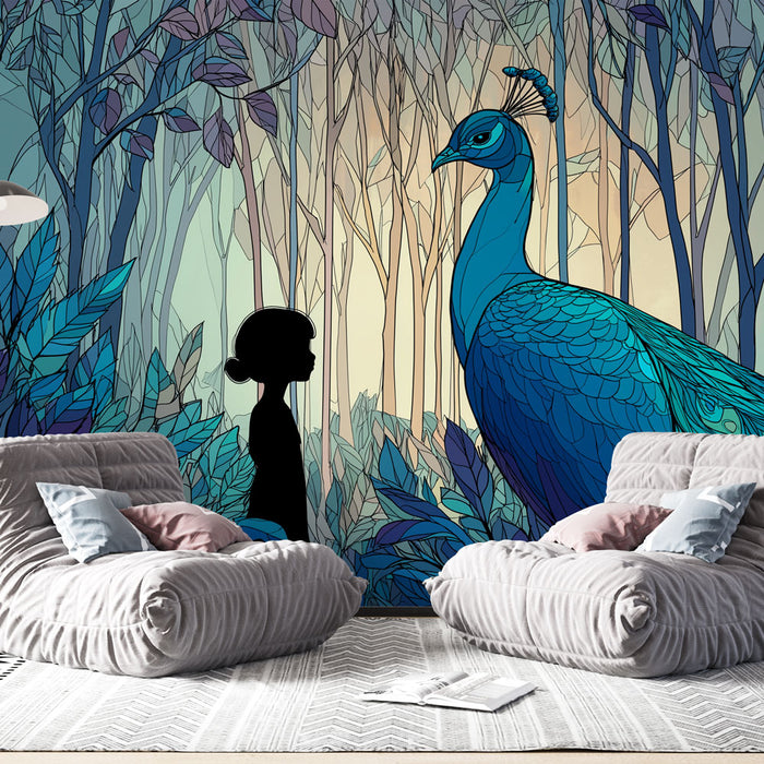 Une chambre moderne avec un papier peint artistique représentant un paon bleu majestueux et une silhouette d'enfant dans une forêt stylisée.