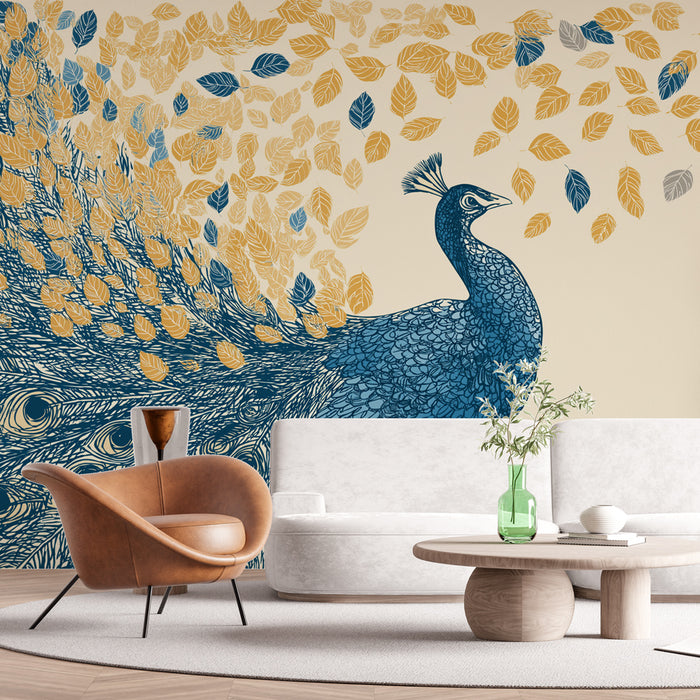 Un salon élégant avec un papier peint représentant un paon stylisé en bleu, entouré de feuilles dorées sur fond clair, créant une ambiance artistique et chaleureuse.