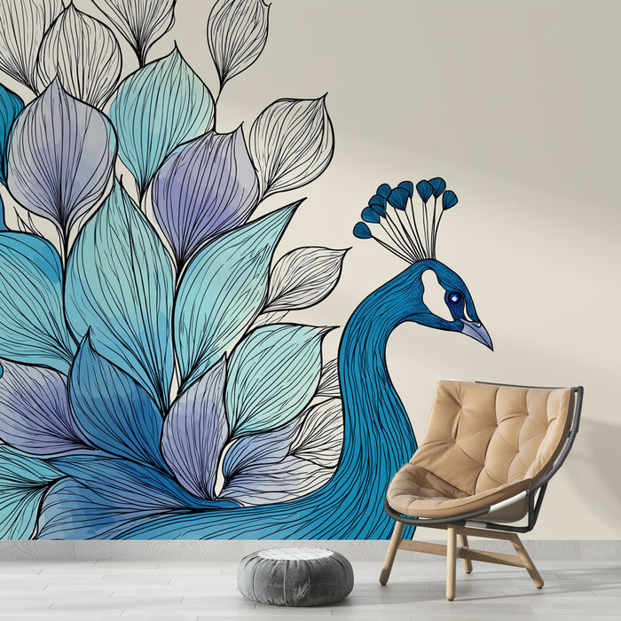 Une pièce moderne avec un papier peint illustrant un paon stylisé aux teintes bleu et violet, créant une ambiance artistique et élégante.