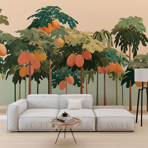 Un salon moderne avec un papier peint tropical représentant des palmiers et des fruits exotiques aux teintes vertes et orangées, créant une atmosphère chaleureuse et vivante.