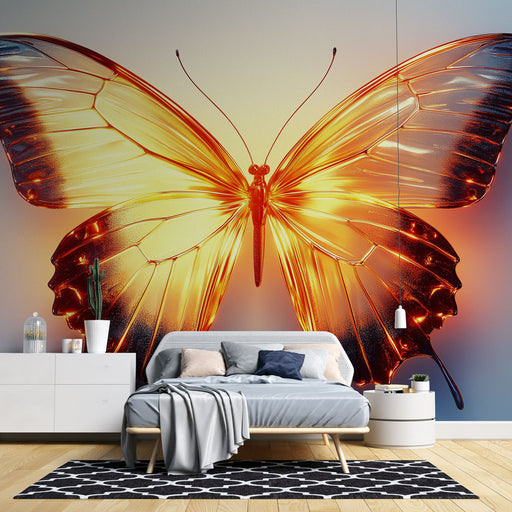 Papier peint mural avec papillon aux ailes orange et transparentes pour chambre moderne