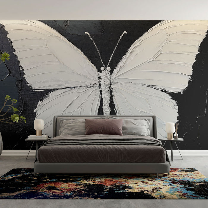 Papier peint papillon blanc en relief sur fond noir pour chambre moderne