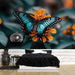 Papier peint papillon bleu et orange sur fleurs colorées pour chambre moderne