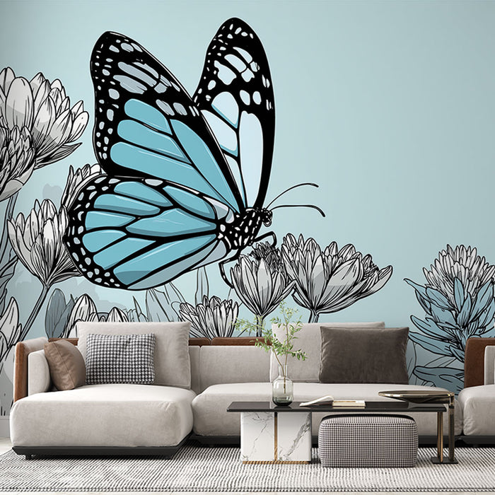 Un salon contemporain avec un papier peint illustrant un grand papillon bleu sur fond pastel, entouré de fleurs stylisées, créant une atmosphère fraîche et aérienne.