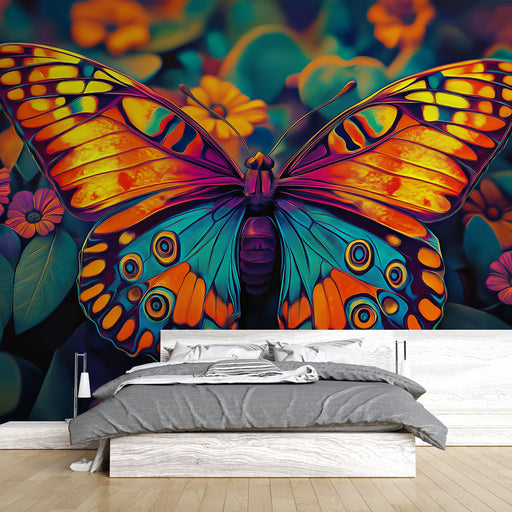 Papier peint papillon coloré avec motif vibrant de papillon sur fond floral pour chambre moderne