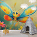Papier peint coloré avec papillon aux ailes bleu et orange dans un jardin fleuri pour chambre d'enfant.