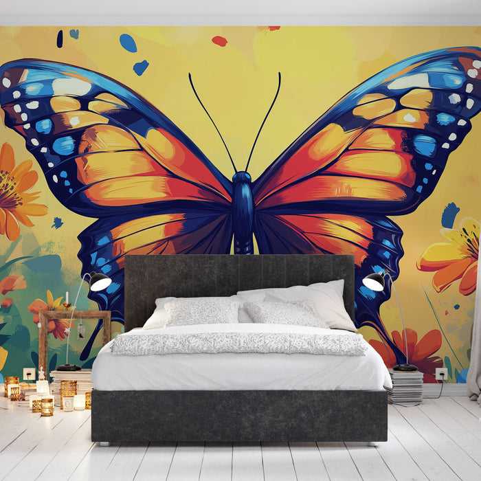 Papier peint coloré avec papillon vibrant entouré de fleurs éclatantes pour chambre moderne