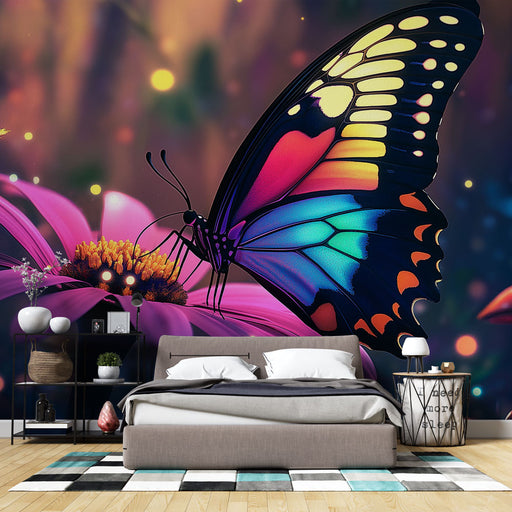 Papier peint coloré avec papillon exotique sur fleur vibrante pour décoration murale de chambre moderne.