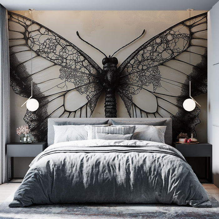 Papier peint design élégant avec papillon en dentelle noire pour chambre moderne