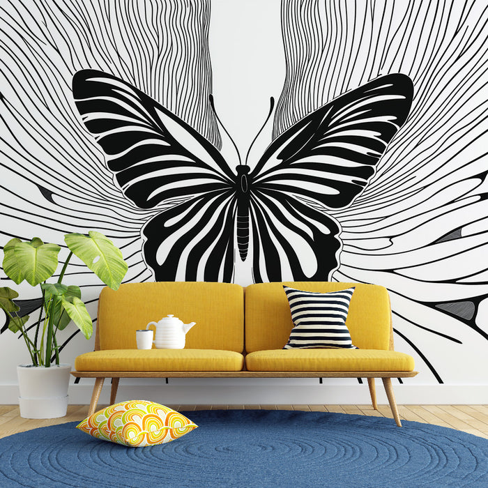 Papier peint design moderne noir et blanc avec papillon et lignes fluides pour salon élégant