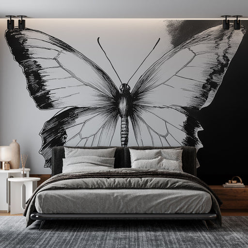 Papier peint monochrome avec dessin détaillé de papillon majestueux pour chambre moderne