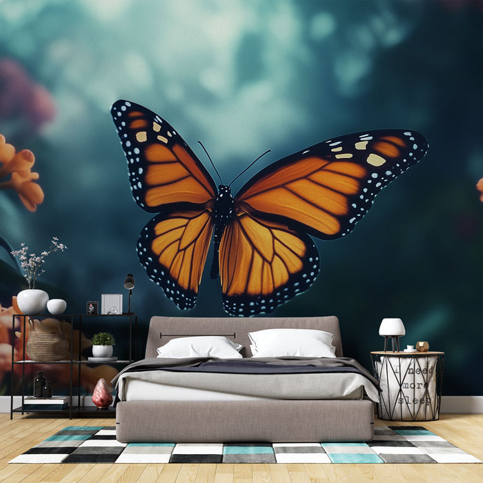 Papier peint papillon orange éclatant avec fleurs vibrantes pour chambre moderne
